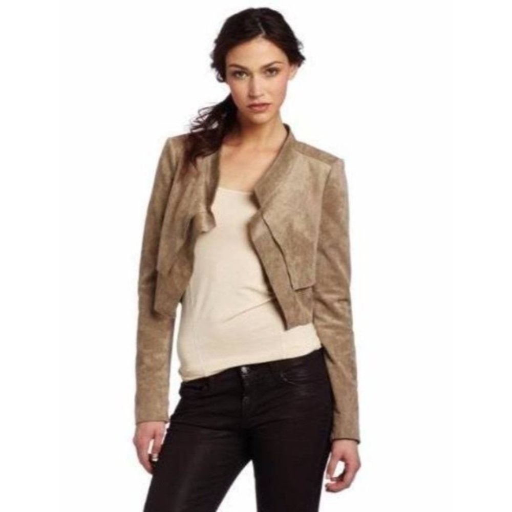 BCBG Maxazria Norton Crop Jacket Faux Suede Small Khaki Stretch $198 6756 NWT